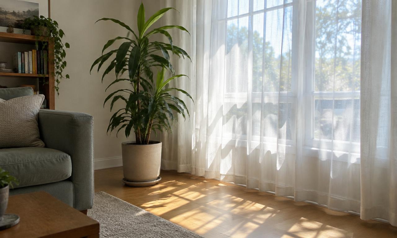 Derrière un voilage fin, la plante reçoit une lumière abondante sans être exposée au plein soleil.