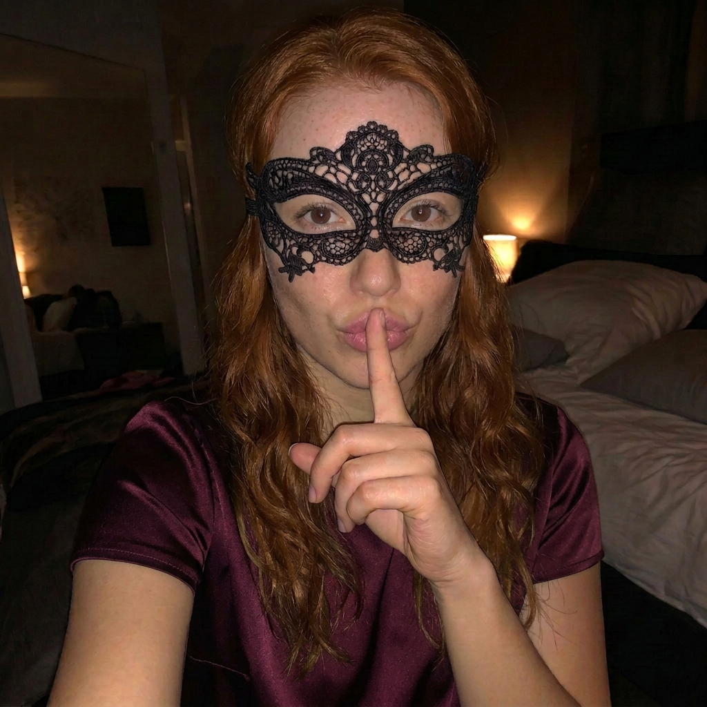Portrait d’une femme rousse aux taches de rousseur portant un masque de dentelle et faisant un geste de silence